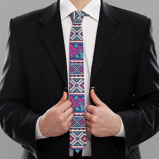 Native Tribal Ethnic Rose Pattern Print Necktie