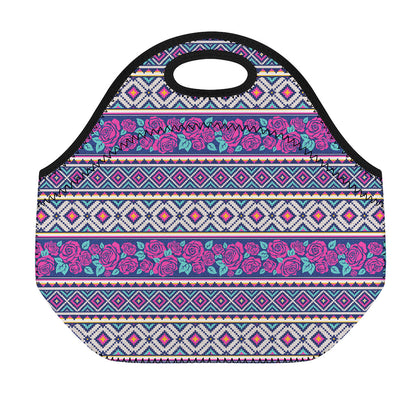 Native Tribal Ethnic Rose Pattern Print Neoprene Lunch Bag