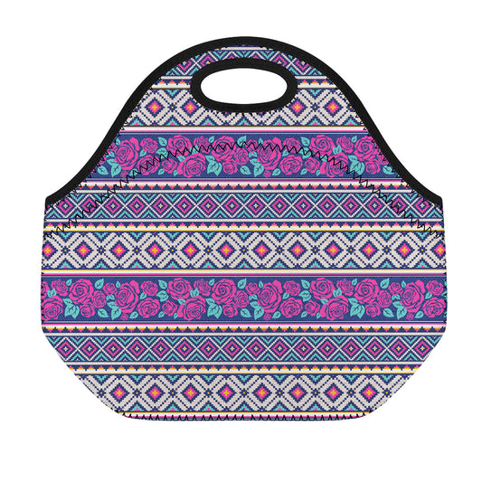 Native Tribal Ethnic Rose Pattern Print Neoprene Lunch Bag