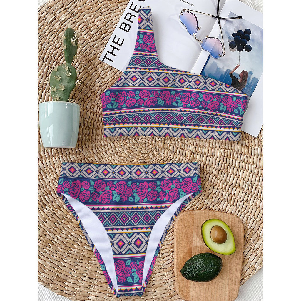 Native Tribal Ethnic Rose Pattern Print One Shoulder Bikini Top
