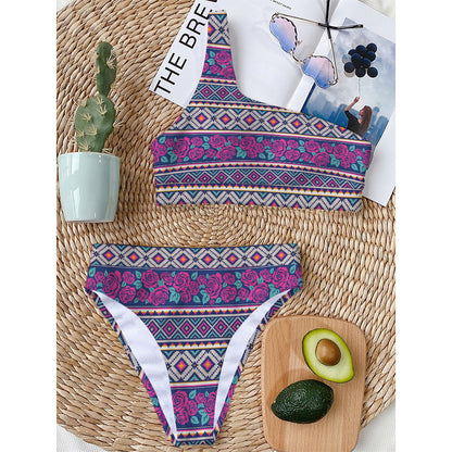 Native Tribal Ethnic Rose Pattern Print One Shoulder Bikini Top