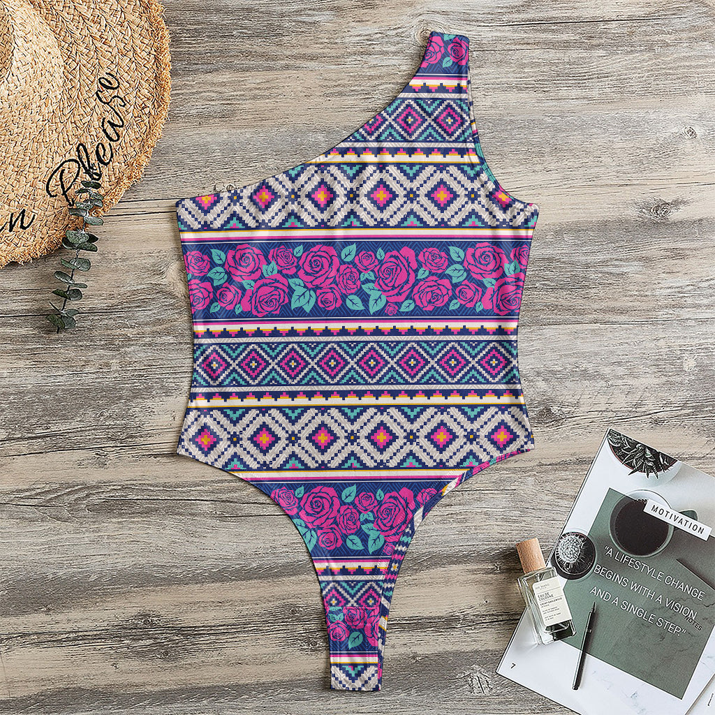 Native Tribal Ethnic Rose Pattern Print One Shoulder Bodysuit