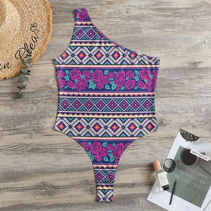 Native Tribal Ethnic Rose Pattern Print One Shoulder Bodysuit