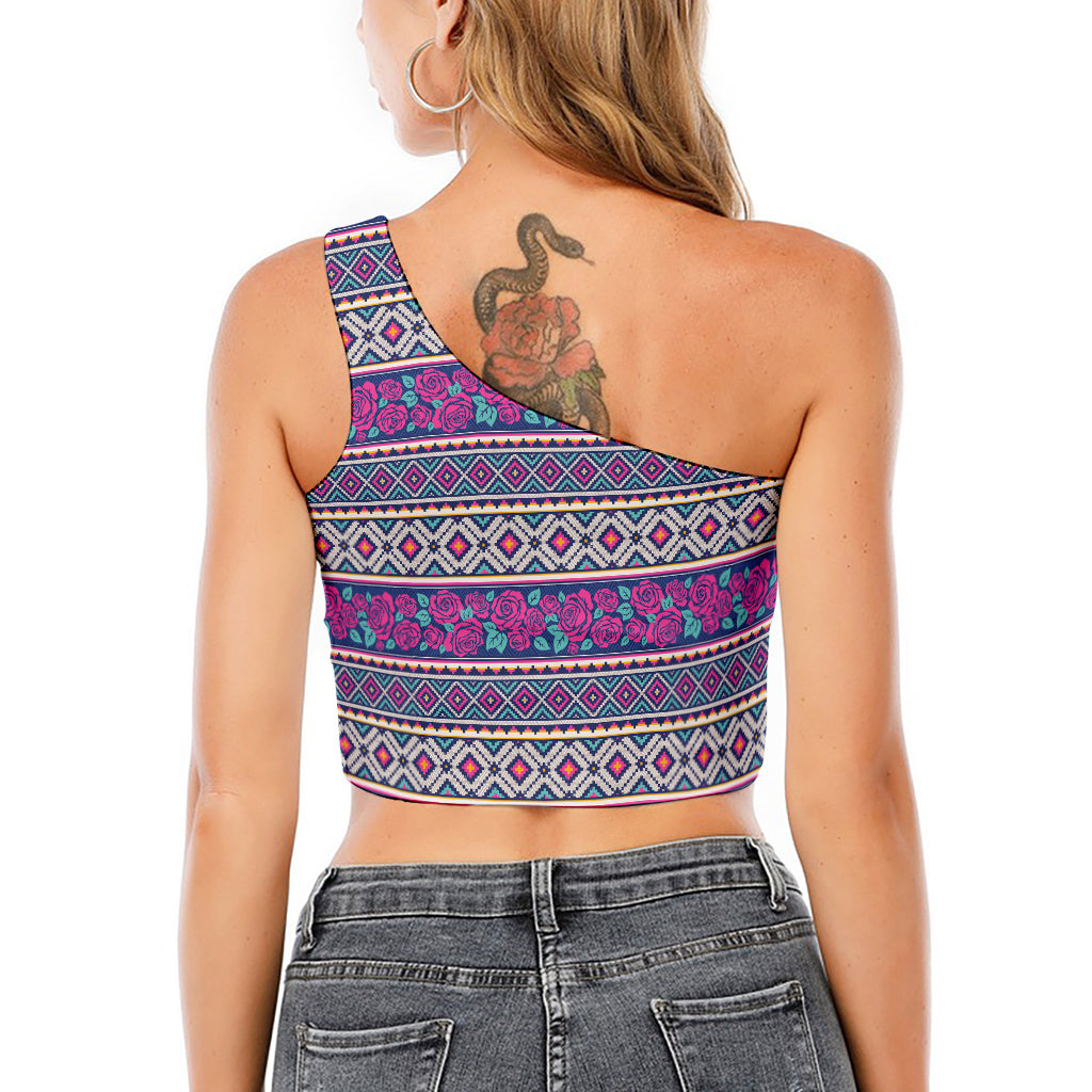 Native Tribal Ethnic Rose Pattern Print One Shoulder Crop Top