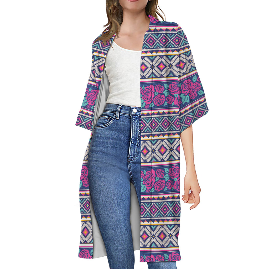 Native Tribal Ethnic Rose Pattern Print Open Front Beach Cover Up