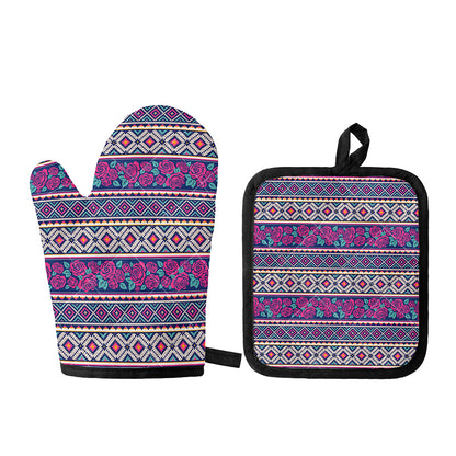 Native Tribal Ethnic Rose Pattern Print Oven Mitt And Pot Holder Set