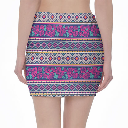 Native Tribal Ethnic Rose Pattern Print Pencil Mini Skirt