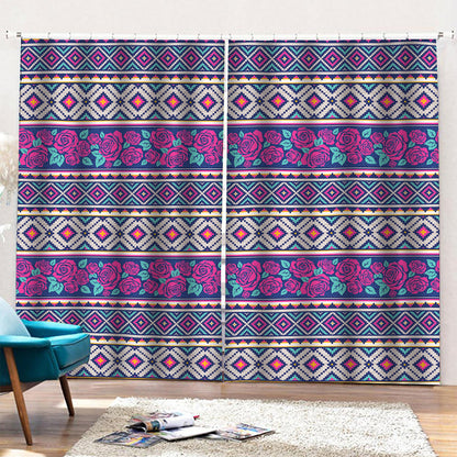 Native Tribal Ethnic Rose Pattern Print Pencil Pleat Curtains