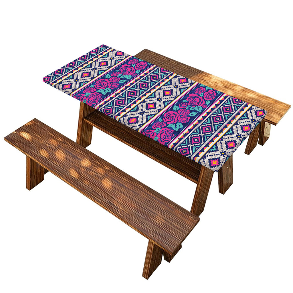 Native Tribal Ethnic Rose Pattern Print Picnic Table Cover