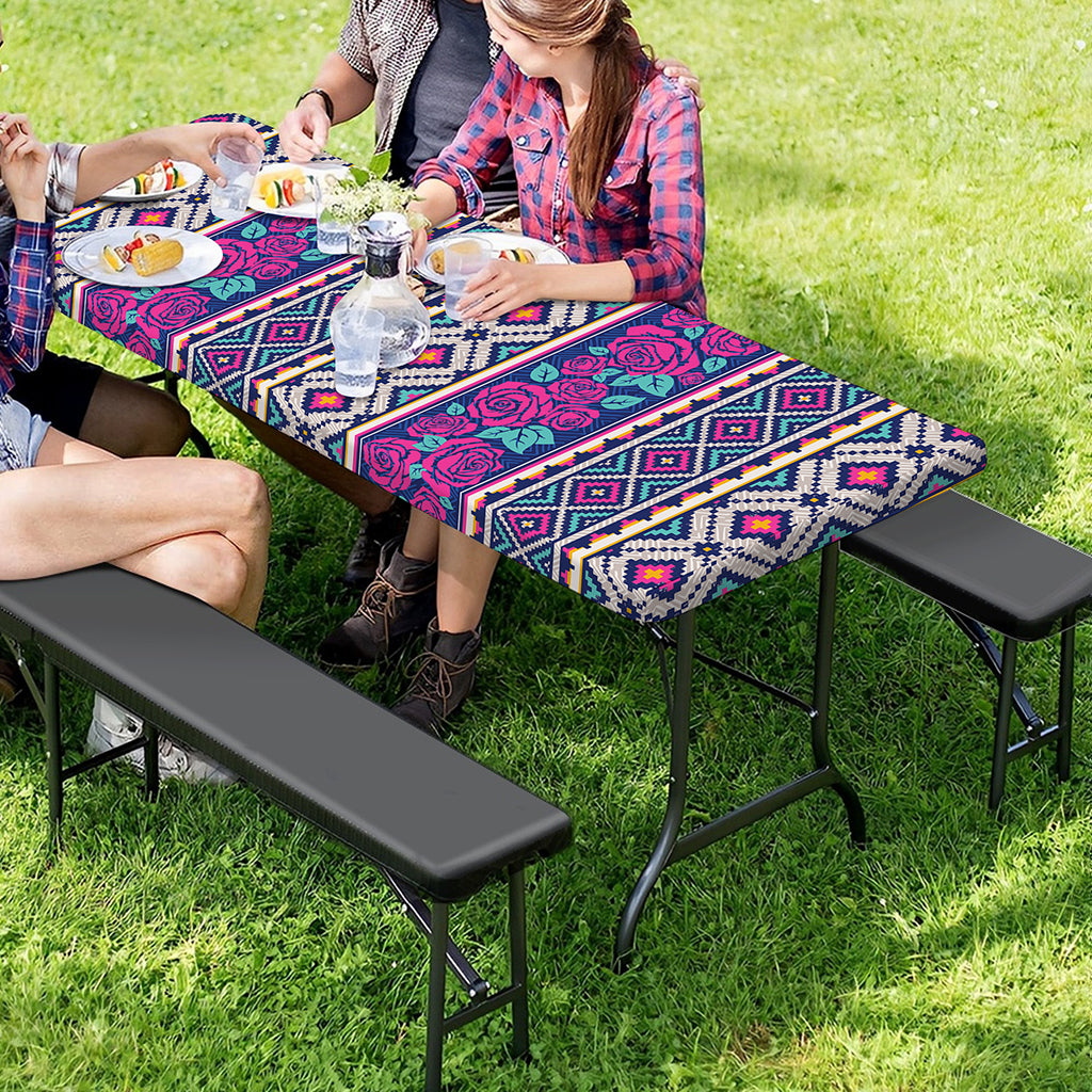 Native Tribal Ethnic Rose Pattern Print Picnic Table Cover