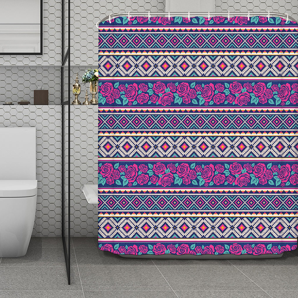 Native Tribal Ethnic Rose Pattern Print Polyester Shower Curtain
