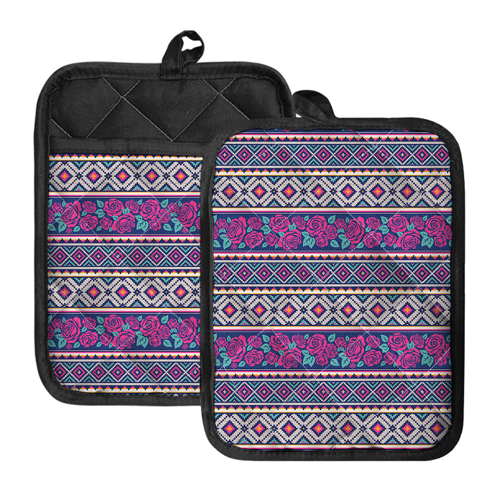 Native Tribal Ethnic Rose Pattern Print Pot Holders With Pocket