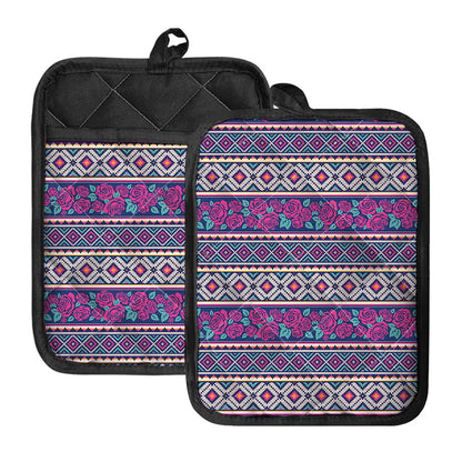 Native Tribal Ethnic Rose Pattern Print Pot Holders With Pocket