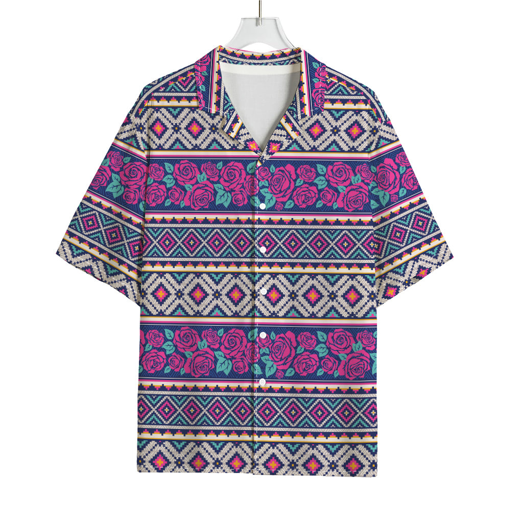 Native Tribal Ethnic Rose Pattern Print Rayon Hawaiian Shirt