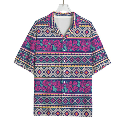Native Tribal Ethnic Rose Pattern Print Rayon Hawaiian Shirt