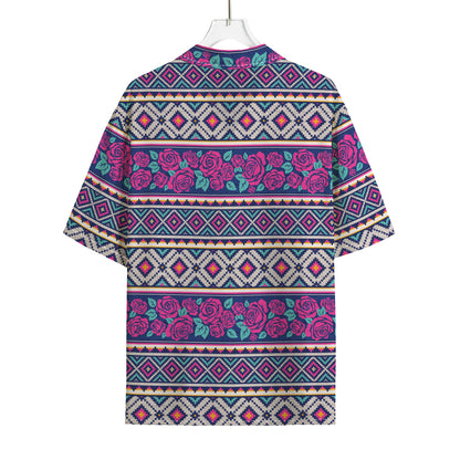 Native Tribal Ethnic Rose Pattern Print Rayon Hawaiian Shirt