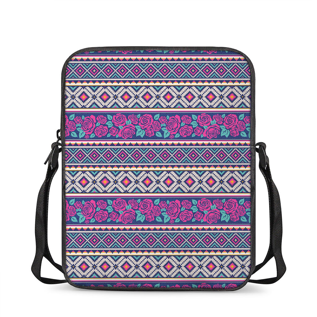 Native Tribal Ethnic Rose Pattern Print Rectangular Crossbody Bag