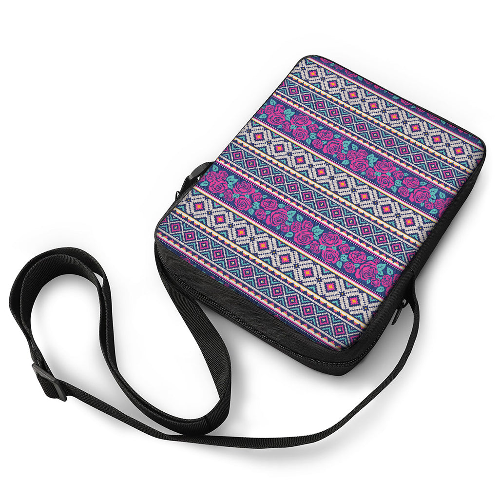 Native Tribal Ethnic Rose Pattern Print Rectangular Crossbody Bag
