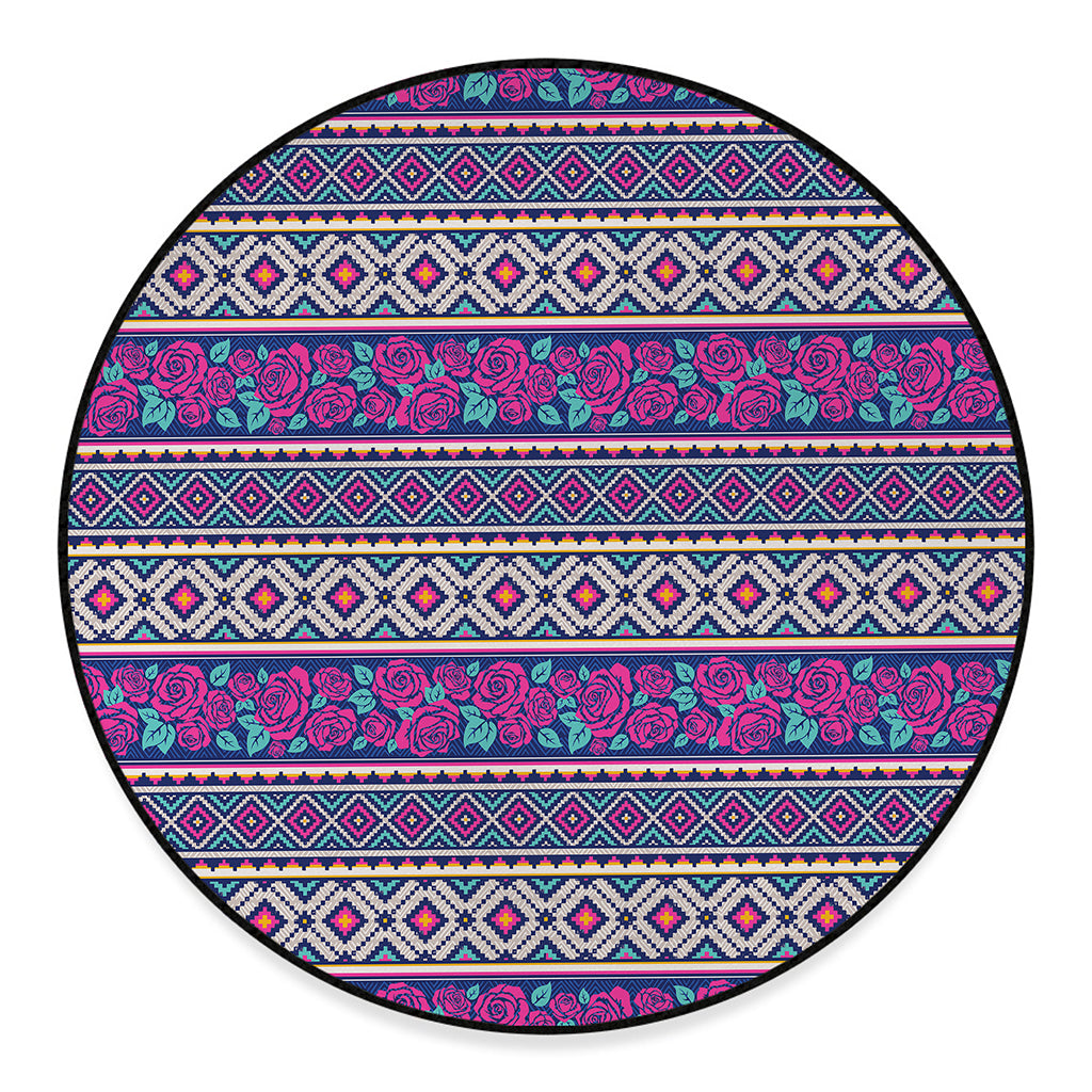 Native Tribal Ethnic Rose Pattern Print Round Floor Mat