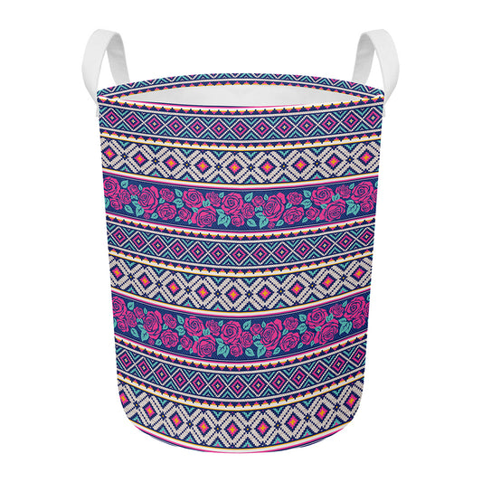 Native Tribal Ethnic Rose Pattern Print Round Laundry Basket