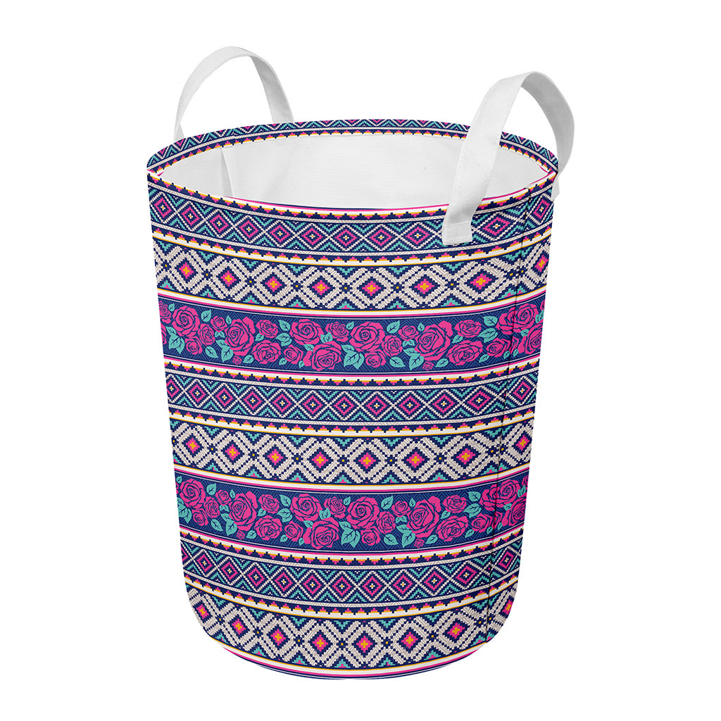 Native Tribal Ethnic Rose Pattern Print Round Laundry Basket