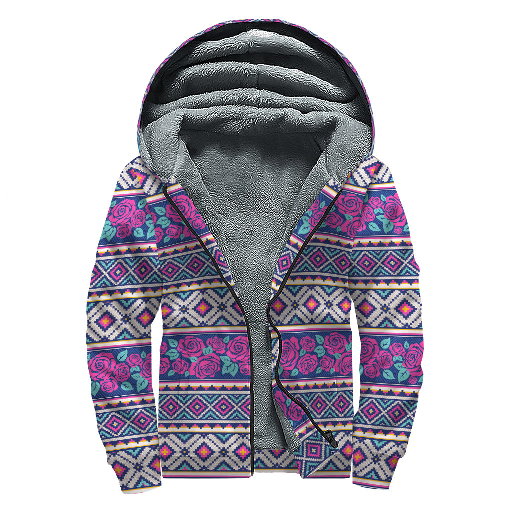 Native Tribal Ethnic Rose Pattern Print Sherpa Lined Zip Up Hoodie