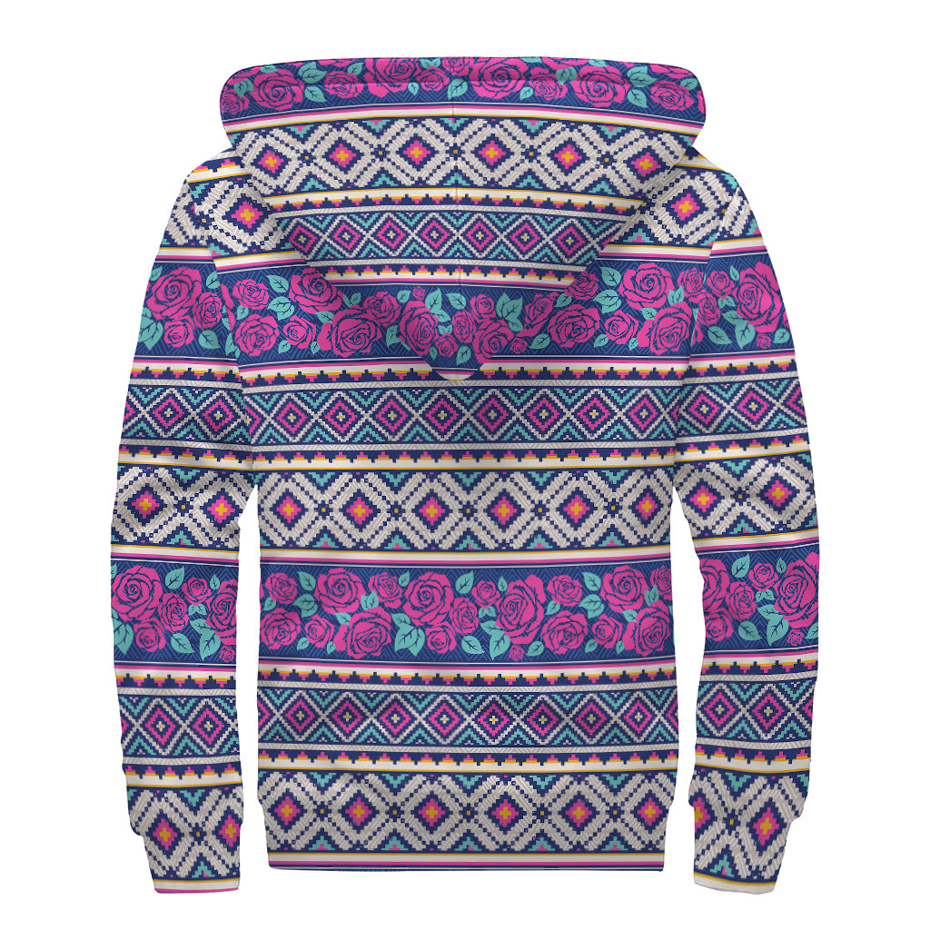 Native Tribal Ethnic Rose Pattern Print Sherpa Lined Zip Up Hoodie