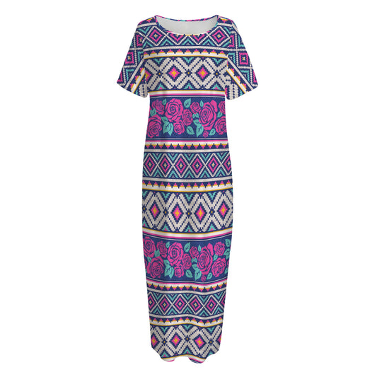 Native Tribal Ethnic Rose Pattern Print Short Sleeve Long Nightdress
