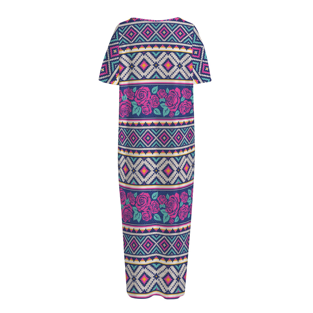 Native Tribal Ethnic Rose Pattern Print Short Sleeve Long Nightdress