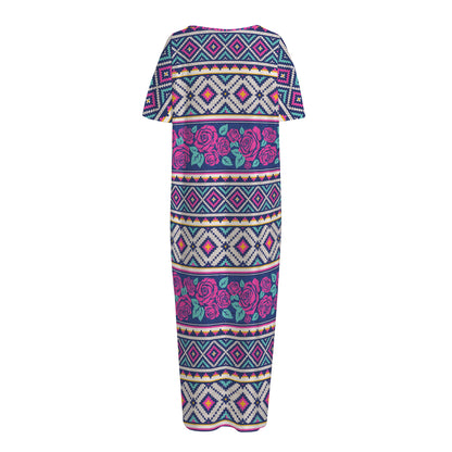 Native Tribal Ethnic Rose Pattern Print Short Sleeve Long Nightdress