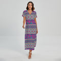 Native Tribal Ethnic Rose Pattern Print Short Sleeve Maxi Dress