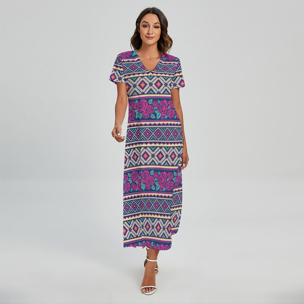 Native Tribal Ethnic Rose Pattern Print Short Sleeve Maxi Dress