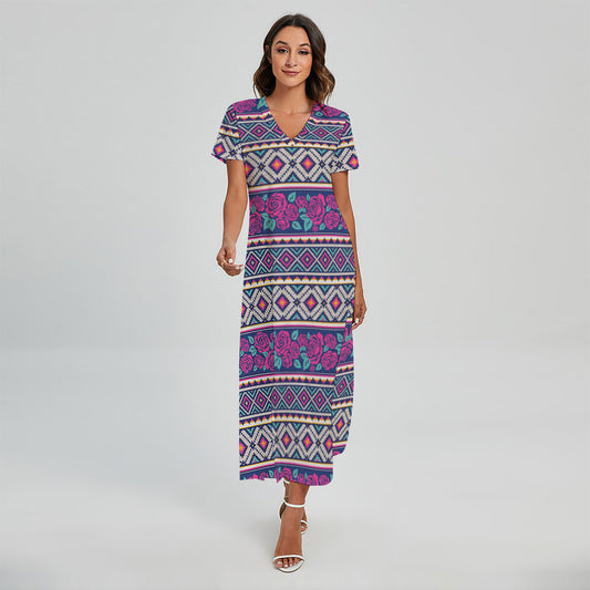 Native Tribal Ethnic Rose Pattern Print Short Sleeve Maxi Dress