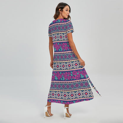 Native Tribal Ethnic Rose Pattern Print Short Sleeve Maxi Dress
