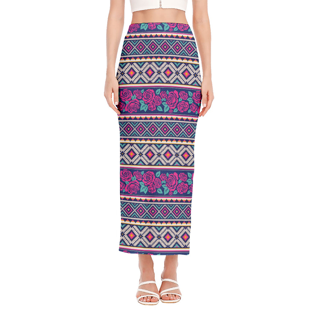 Native Tribal Ethnic Rose Pattern Print Side Slit Maxi Skirt