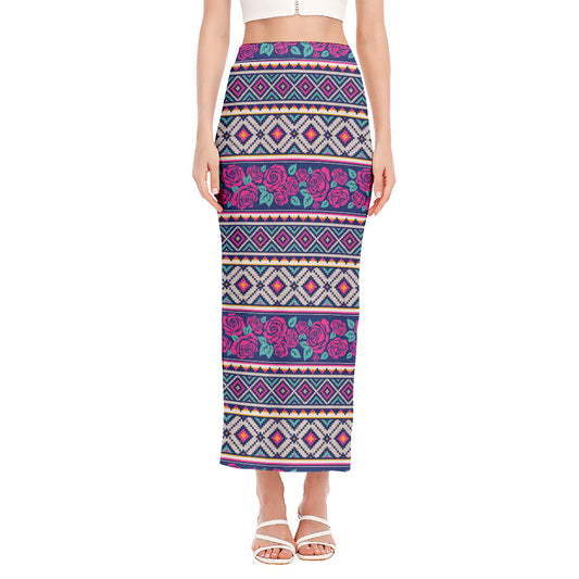 Native Tribal Ethnic Rose Pattern Print Side Slit Maxi Skirt