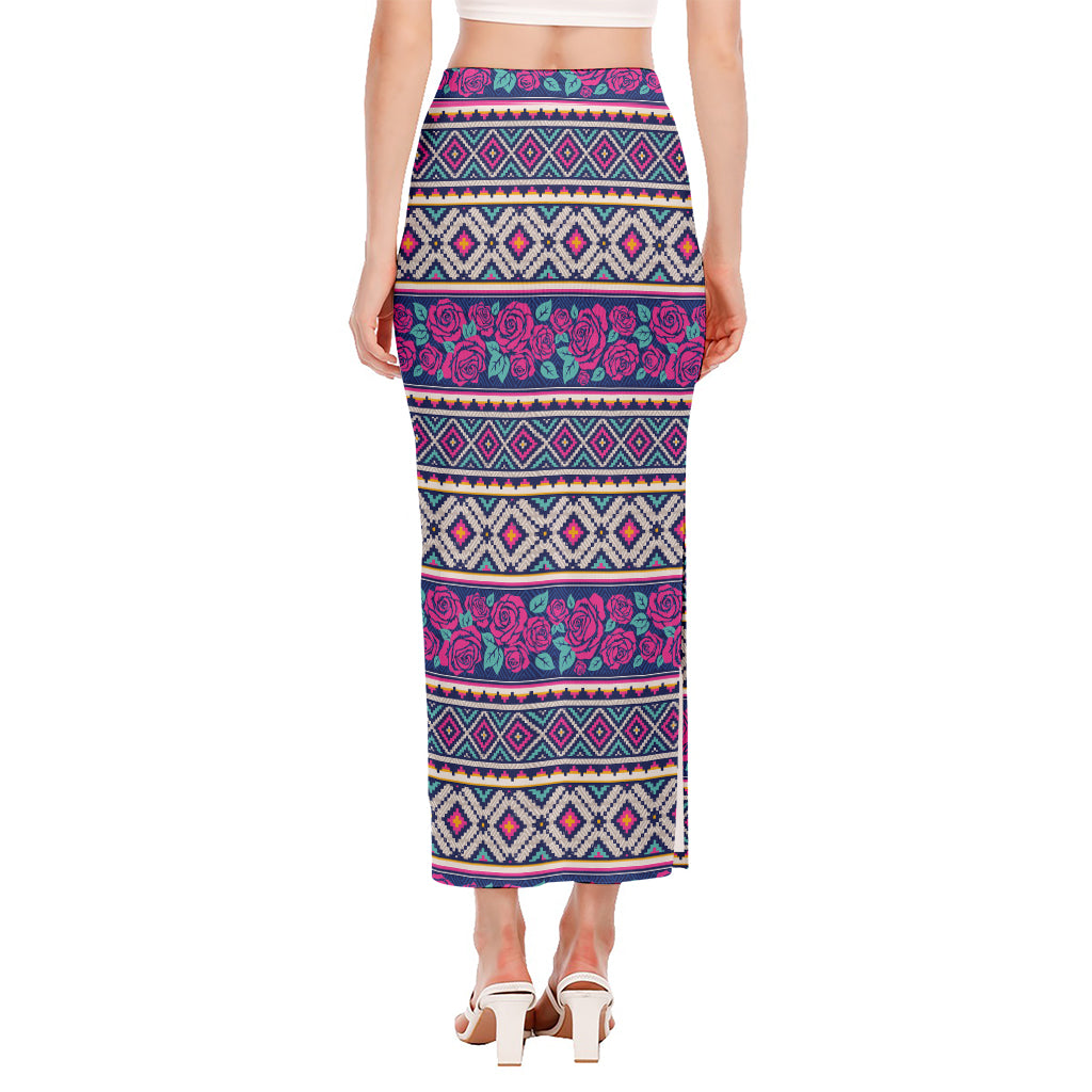 Native Tribal Ethnic Rose Pattern Print Side Slit Maxi Skirt