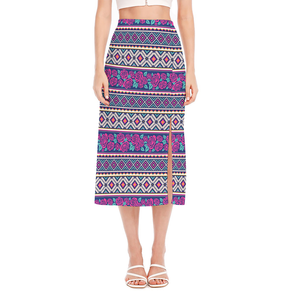 Native Tribal Ethnic Rose Pattern Print Side Slit Midi Skirt