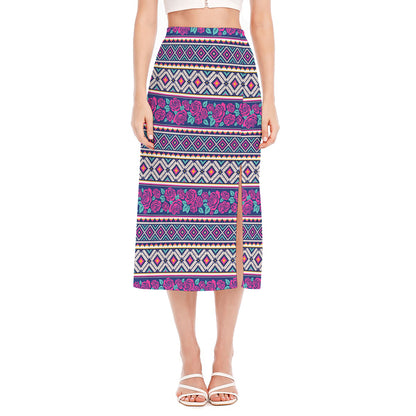 Native Tribal Ethnic Rose Pattern Print Side Slit Midi Skirt