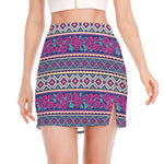 Native Tribal Ethnic Rose Pattern Print Side Slit Mini Skirt