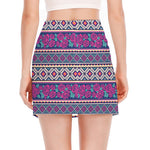 Native Tribal Ethnic Rose Pattern Print Side Slit Mini Skirt