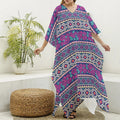 Native Tribal Ethnic Rose Pattern Print Silk V-Neck Kaftan Dress