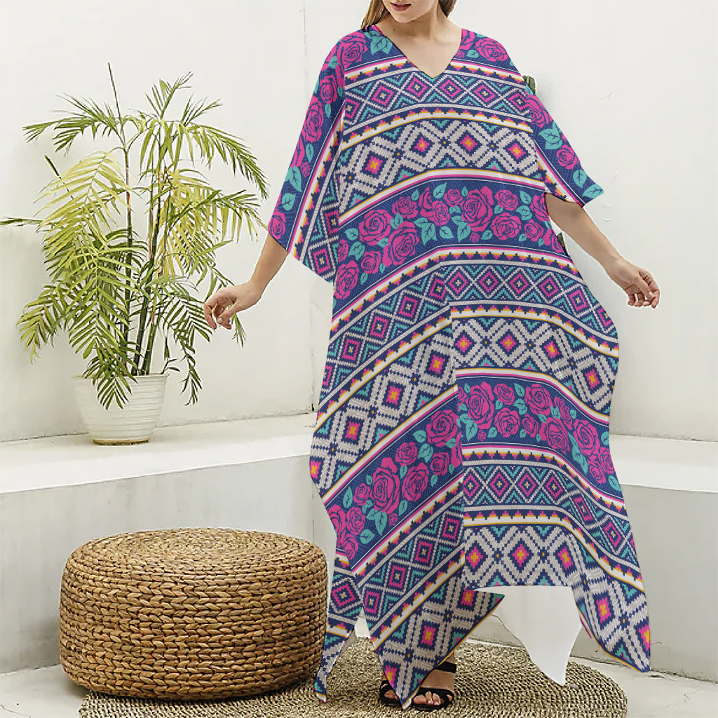 Native Tribal Ethnic Rose Pattern Print Silk V-Neck Kaftan Dress