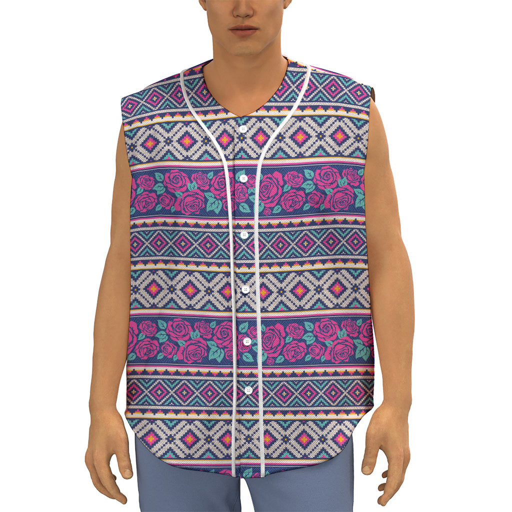 Native Tribal Ethnic Rose Pattern Print Sleeveless Baseball Jersey