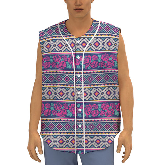 Native Tribal Ethnic Rose Pattern Print Sleeveless Baseball Jersey