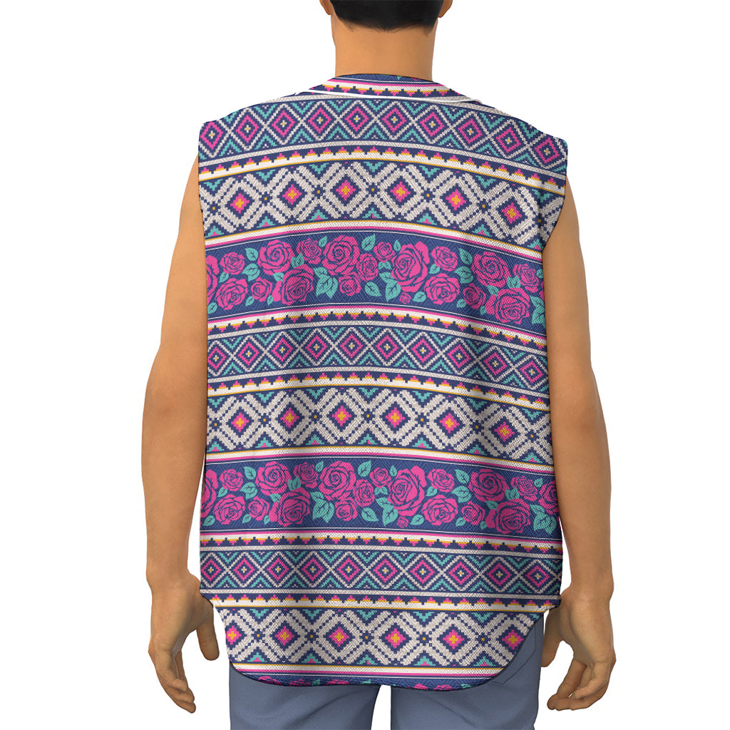 Native Tribal Ethnic Rose Pattern Print Sleeveless Baseball Jersey