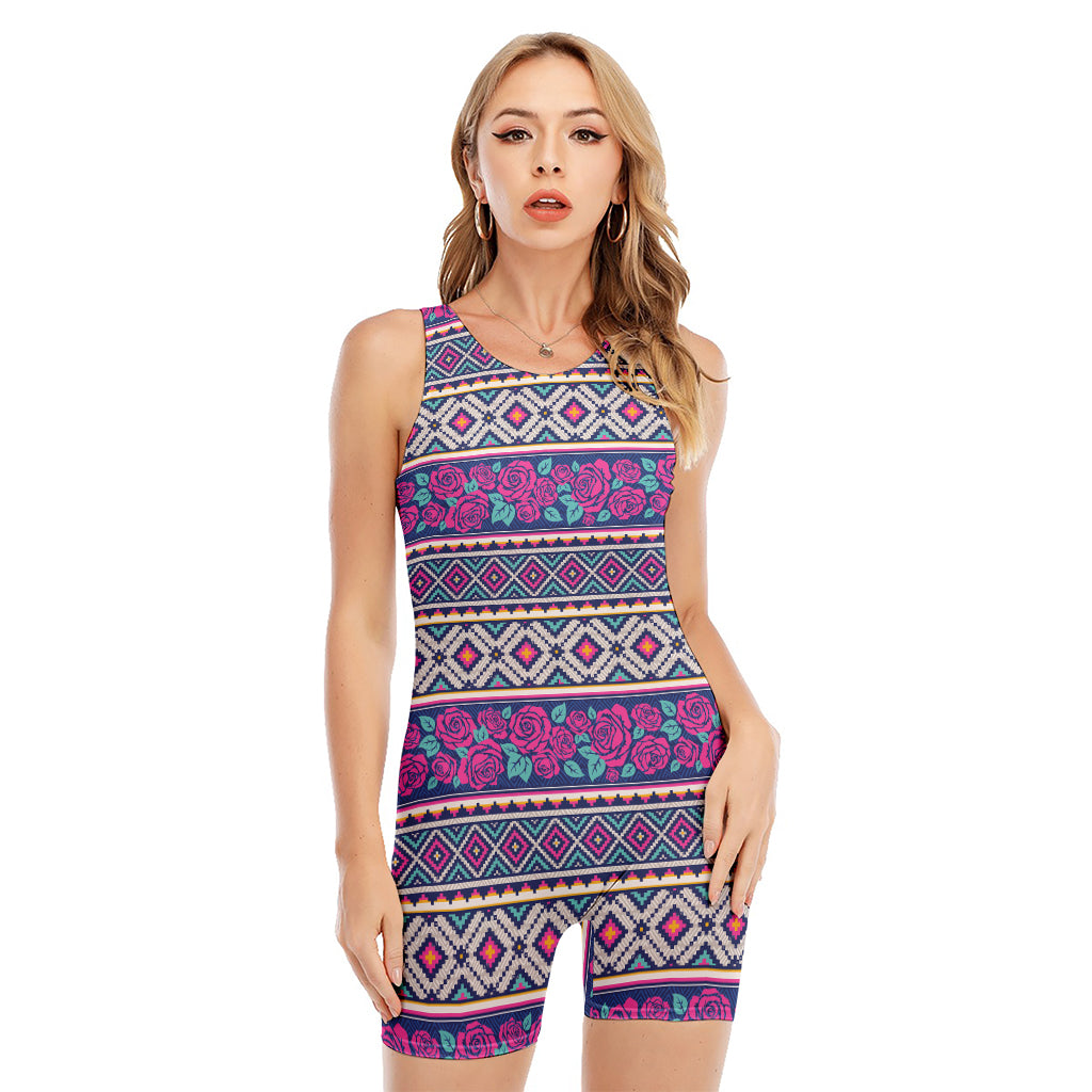 Native Tribal Ethnic Rose Pattern Print Sleeveless One Piece Swimsuit