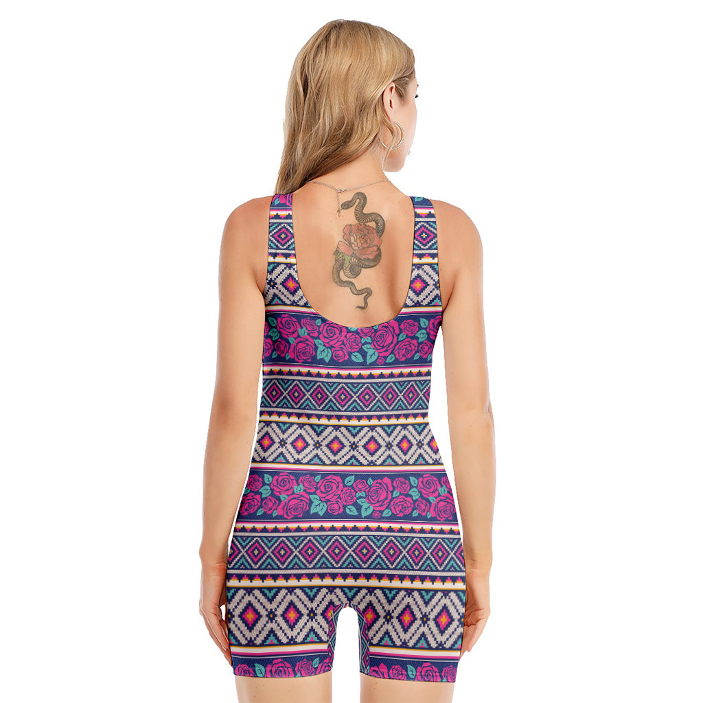 Native Tribal Ethnic Rose Pattern Print Sleeveless One Piece Swimsuit