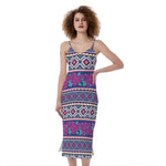 Native Tribal Ethnic Rose Pattern Print Slim Fit Midi Cami Dress