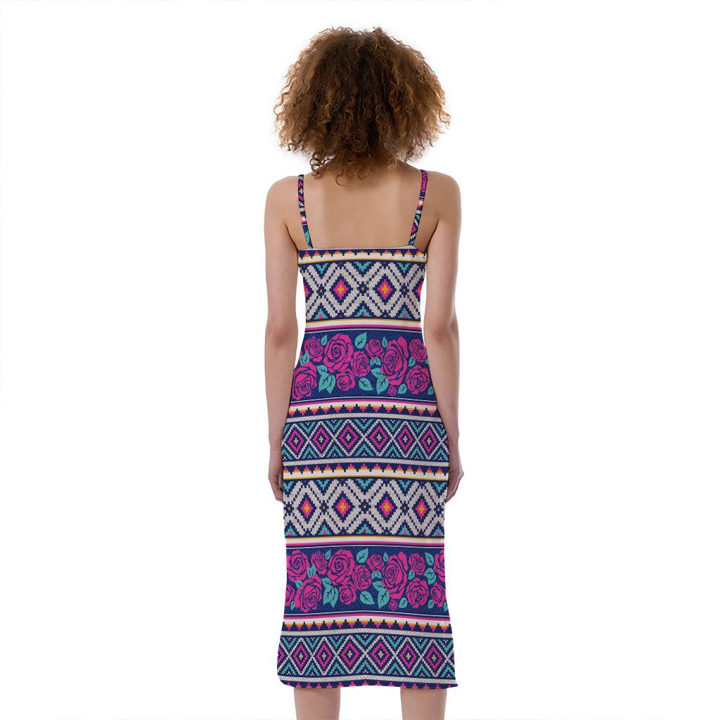Native Tribal Ethnic Rose Pattern Print Slim Fit Midi Cami Dress